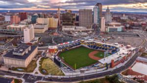 Aerial drone view of Dunkin Donuts Park - home of the Hartford Yard Goats