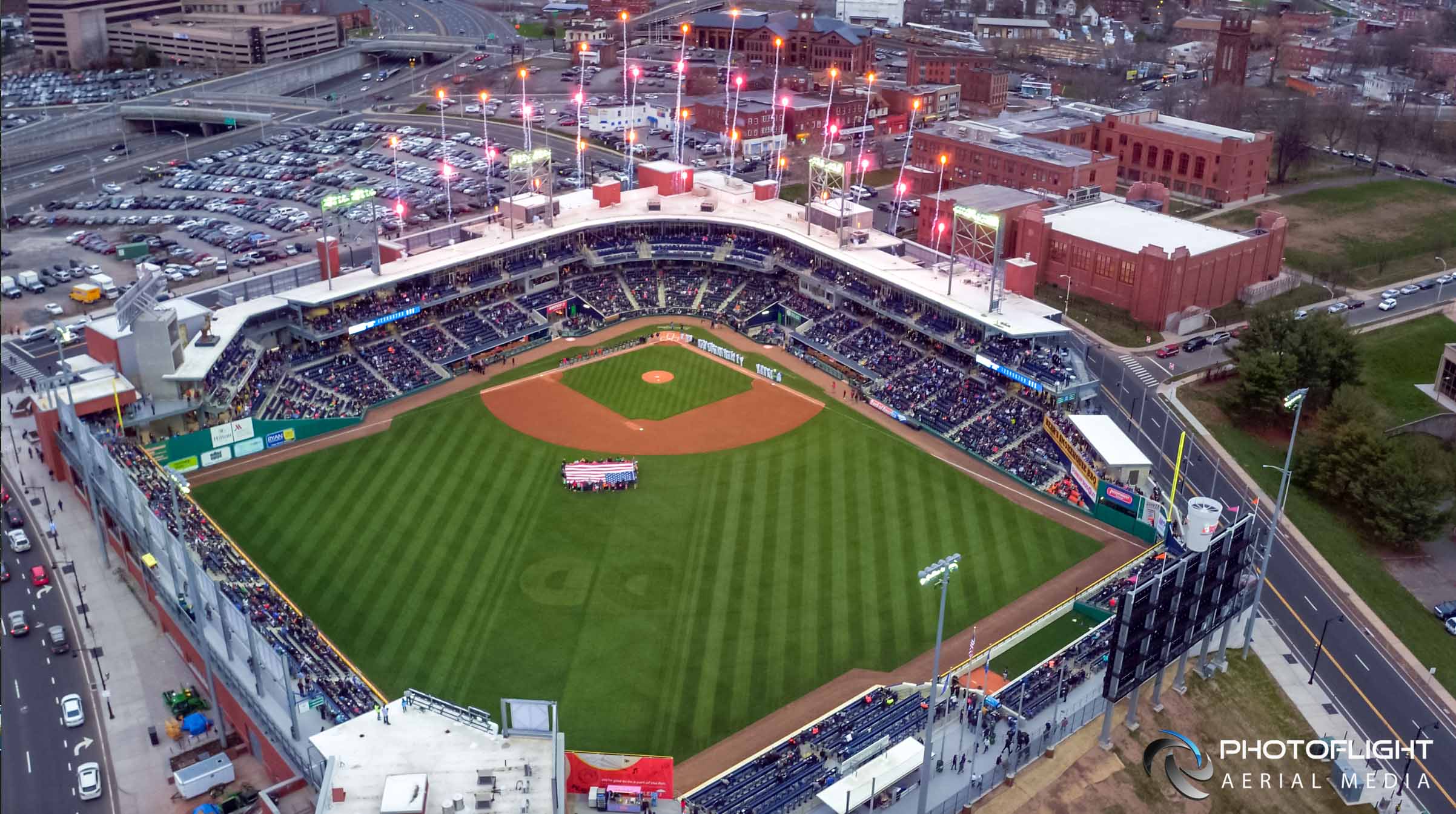 Live News Drone Coverage of Hartford Yard Goats Opening Game