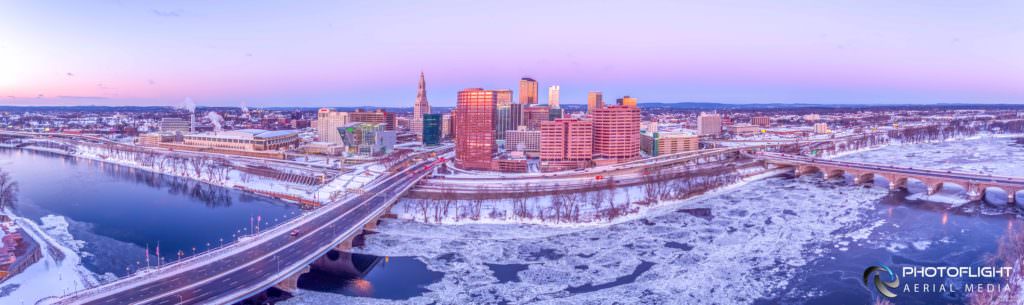 Hartford CT Downtown and River Winter Drone Panorama by Photoflight Aerial Media - Media Asset Ref PAN2017-019