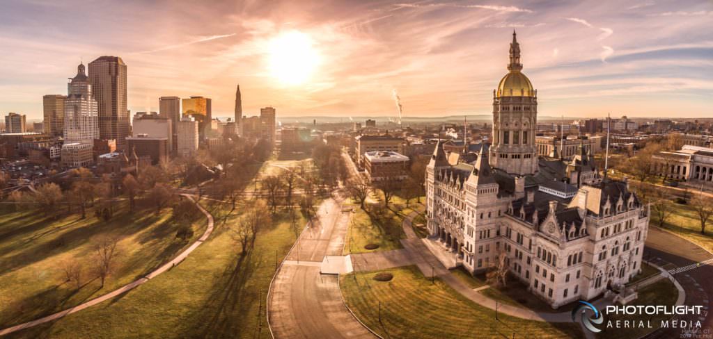 Hartford CT Capitol and Downtown Sunrise Drone Panorama by Photoflight Aerial Media - Media Asset Ref PAN2016-021