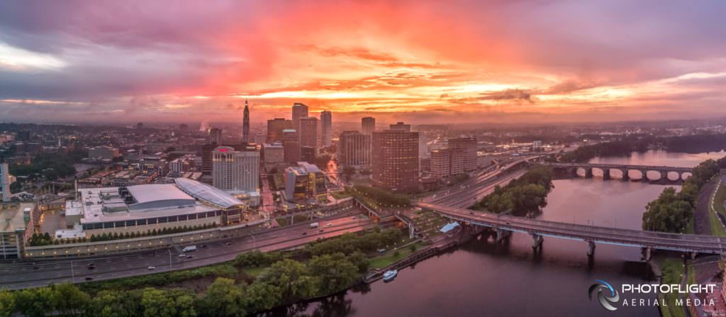 Hartford CT Capitol and Downtown Sunrise Drone Panorama by Photoflight Aerial Media - Media Asset Ref PAN2017-020