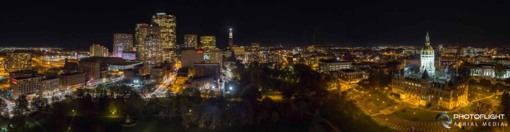 Hartford CT Downtown and Capitol Night Aerial Panorama by Photoflight Aerial Media - CT drone operator