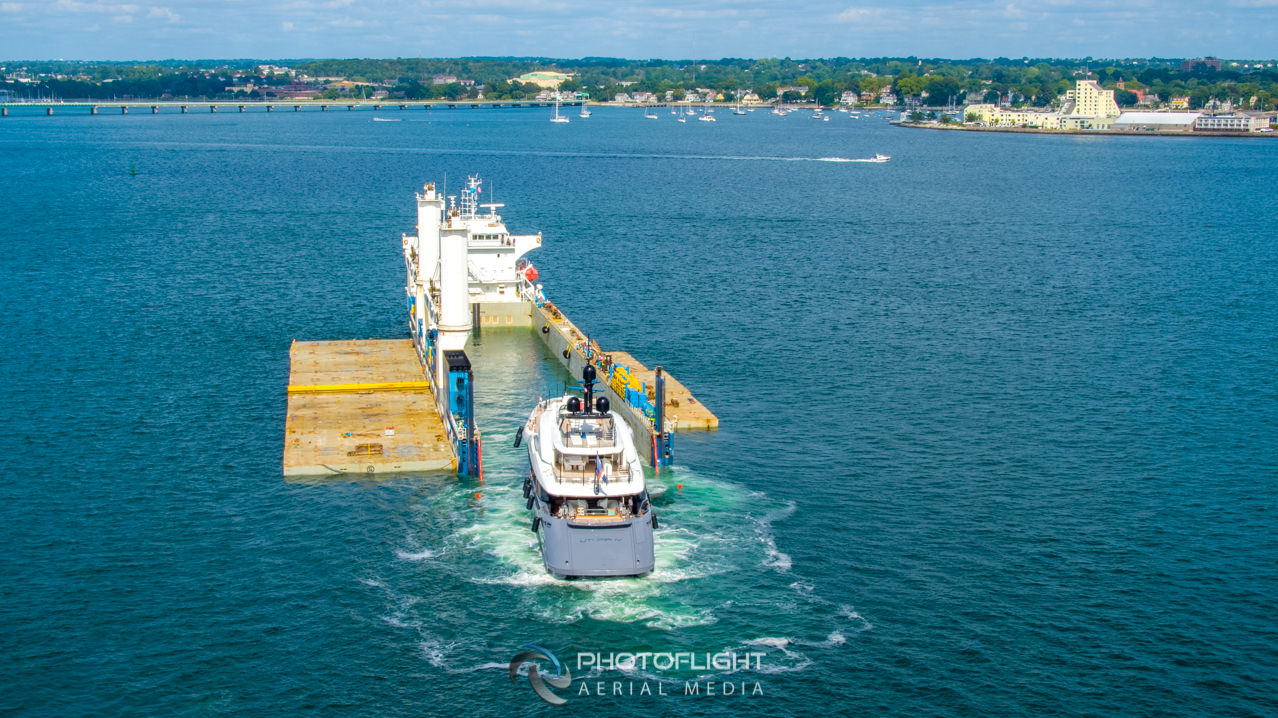 Rolldock Sky Delivering Utopia IV Superyacht In Newport RI, Drone Photography by Photoflight Aerial Media