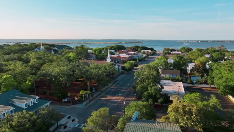 Aerial shot N Howe St. Waterway Southport, NC